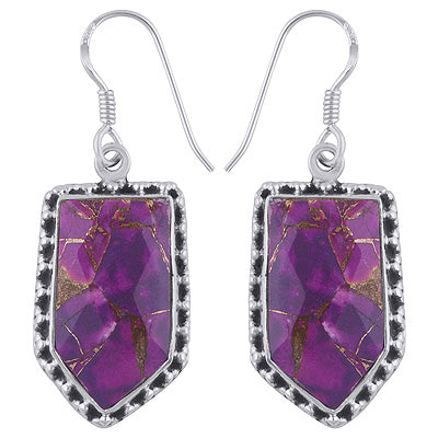 Gorgeous Rawa Work Around Purple Copper Turquoise Inverted Bullet Shape 925 Sterling Solid Silver Dangle Earrings - R3501171-1