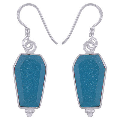 Beautifully Handcrafted Bezel Rawa Work at bottom Blue Chalcedony Coffin Shape 925 Sterling Solid Silver Dangle Earrings - R3501183-7