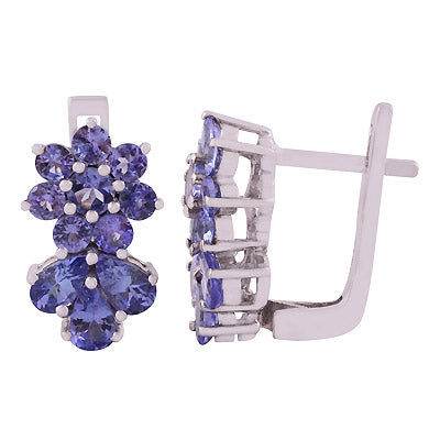 Gorgeous Flower Pattern Gemstone Tanzanite Pear,Round Shape 925 Sterling Solid Silver Rhodium Plated Dangle Earrings - R3501201-1