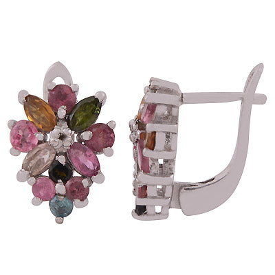 Alluring Flower Pattern Gemstone Tourmaline Round,Marquise Shape 925 Sterling Solid Silver Rhodium Plated Dangle Earrings - R3501205-1