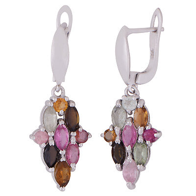Stunning Multicoloured Gemstone Tourmaline Round,Marquise Shape 925 Sterling Solid Silver Rhodium Plated Dangle Earrings - R3501210-1