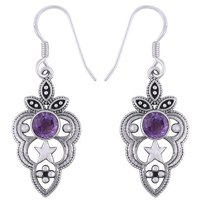 Stunning Handcrafted Star & Rawa Work Around Amethyst Round Shape 925 Sterling Solid Silver Dangle Earrings - R3501224-1
