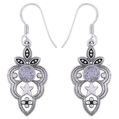 Stunning Handcrafted Star & Rawa Work Around White Cubic Zirconia Round Shape 925 Sterling Solid Silver Dangle Earrings - R3501224-13