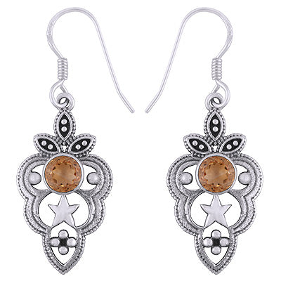 Stunning Handcrafted Star & Rawa Work Around Citrine Round Shape 925 Sterling Solid Silver Dangle Earrings - R3501224-4