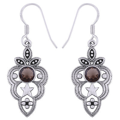 Stunning Handcrafted Star & Rawa Work Around Smoky Topaz Round Shape 925 Sterling Solid Silver Dangle Earrings - R3501224-7