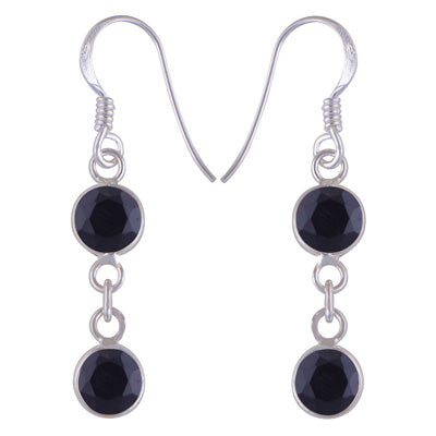 Stunning Two Stone Bezel Black Onyx Round Shape 925 Sterling Solid Silver Dangle Earrings - R3501242-9
