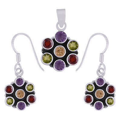 Alluring Flower Using Gemstones Amethyst,Garnet,Citrine,Peridot Round Shape 925 Sterling Solid Silver Pendants Sets - R3600102-40