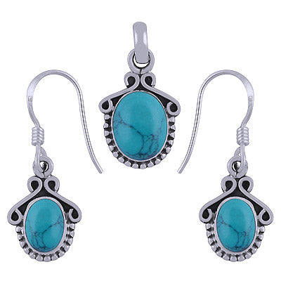 Stunning Rawa & Wire Work Around Turquoise Oval Shape 925 Sterling Solid Silver Pendant Set - R3600490-5