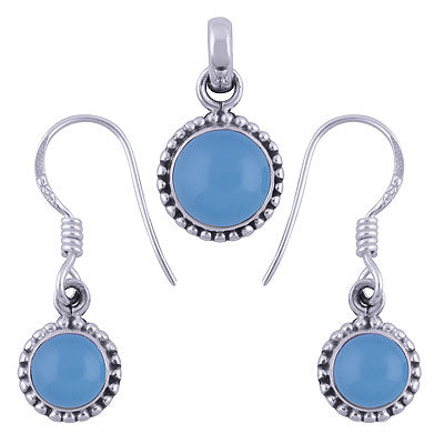 Beautiful Rawa Around Blue Chalcedony Round Shape 925 Sterling Solid Silver Pendant Set - R3600501-25