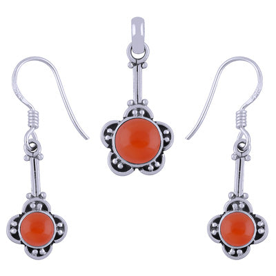 Handmade Flower Work Carnelian Round Shape 925 Sterling Solid Silver Pendant Set - R3600502-17