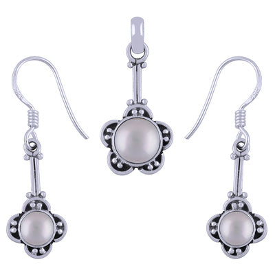 Handmade Flower Work Pearl Round Shape 925 Sterling Solid Silver Pendant Set - R3600502-20