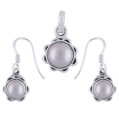 Stunning Flower Work Around Pearl Round Shape 925 Sterling Solid Silver Pendants Sets - R3600504-23