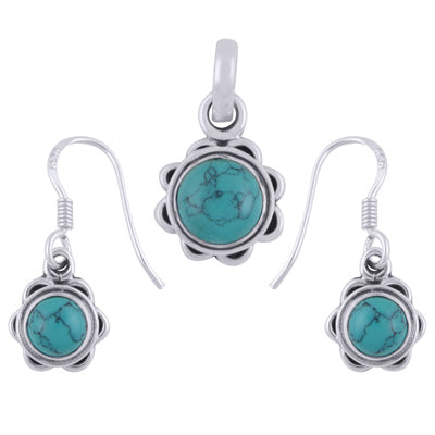 Stunning Flower Work Around Turquoise Round Shape 925 Sterling Solid Silver Pendants Sets - R3600504-6