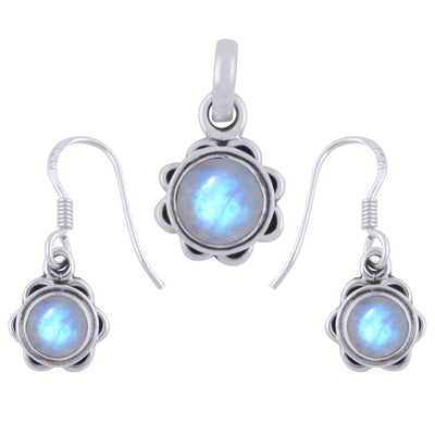 Stunning Flower Work Around Rainbow Moonstone Round Shape 925 Sterling Solid Silver Pendants Sets - R3600504-9