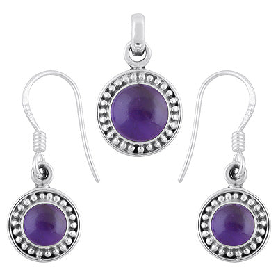 Beautifully Handcrafted Rawa Work Around Amethyst Round Shape 925 Sterling Solid Silver Pendants Sets - R3600513-1