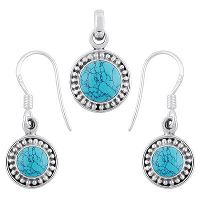 Beautifully Handcrafted Rawa Work Around Turquoise Round Shape 925 Sterling Solid Silver Pendants Sets - R3600513-4