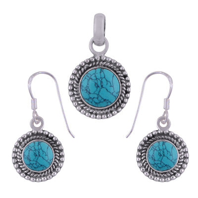 Classic Rawa Work Around Turquoise Round Shape 925 Sterling Solid Silver Pendant Set - R3600514-53