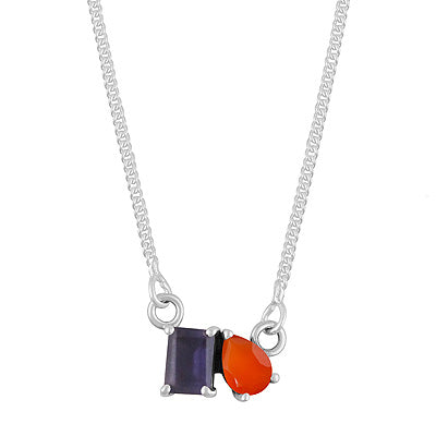 Gorgeous Birthstone Two Shaped Gemstone Iolite,Carnelian Rectangle,Pear Shape 925 Sterling Solid Silver Necklace - R4100181-119