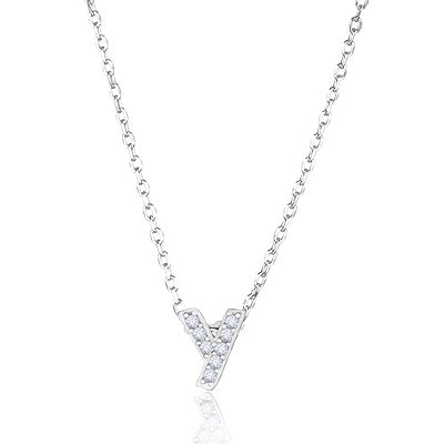 Y Initial Studded Gemstone White Cubic Zirconia Round Shape 925 Sterling Solid Silver Necklace - R4100185-12