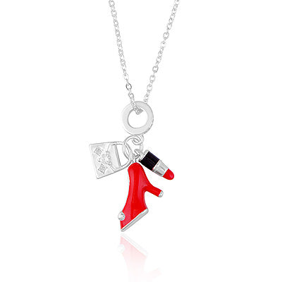 Girly Girl Charms Hanging Around w/ Gemstones White Cubic Zirconia Round Shape 925 Sterling Solid Silver Necklace - R4100188-3