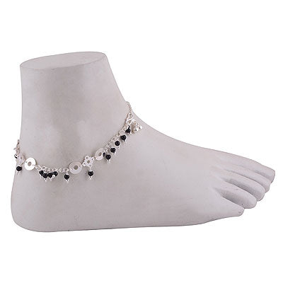 Beautiful Cut work Loaded with Multiple Gemstone Beads Black Onyx Round Shape 925 Sterling Solid Silver Anklet - main product photo (R4800000-18)
