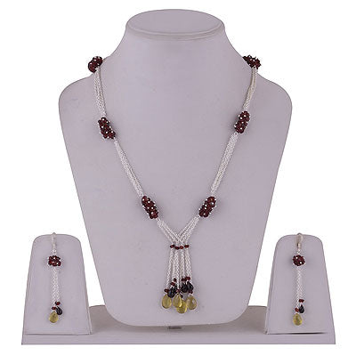 Gorgeous Multicoloured Hanging Tassels of Gemstone Garnet,Lemon Topaz Round,Pear Shape 925 Sterling Solid Silver Necklace Jewellery Set - R5000165-19