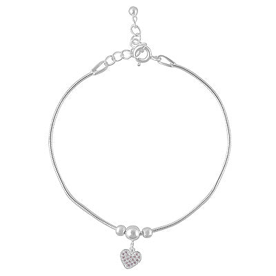 Gorgeous Heart Charm w/ Beads Around Plain 925 Sterling Solid Silver Bracelet - R5400231-1