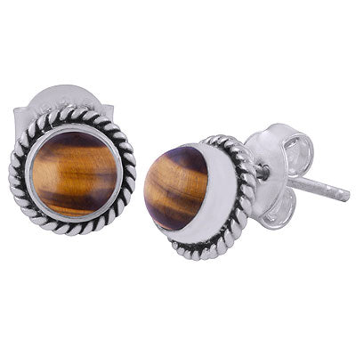 Stunning Wire Work Around Tiger's Eye Round Shape 925 Sterling Solid Silver Stud Earrings - R6100047-28