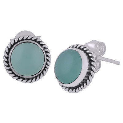 Gorgeous Twisted Wire Work Around Aqua Chalcedony Round Shape 925 Sterling Solid Silver Stud Earrings - R6100065-98
