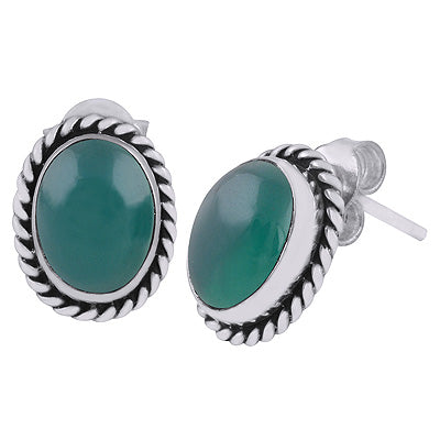 Authentic Wire Work Around Green Onyx Oval Shape 925 Sterling Solid Silver Stud Earrings - R6100068-67