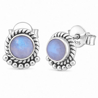 Stunning Twisted Wire And Rawa Work Rainbow Moonstone Round Shape 925 Sterling Solid Silver Stud Earrings - R6100086-109
