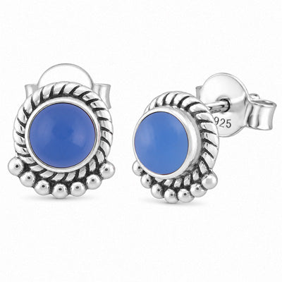 Stunning Twisted Wire And Rawa Work Blue Chalcedony Round Shape 925 Sterling Solid Silver Stud Earrings - R6100086-201