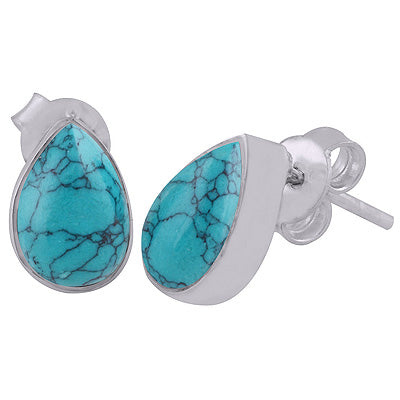 Plain Collet Natural Turquoise Pear Shape 925 Sterling Solid Silver Stud Earrings - R6100096-48