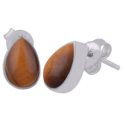 Plain Collet Natural Tiger's Eye Pear Shape 925 Sterling Solid Silver Stud Earrings - R6100096-56
