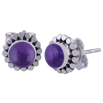 Alluring Rawa Work Around Amethyst Round Shape 925 Sterling Solid Silver Studs Earrings - R6100126-39