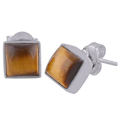 Gorgeous Plain Collet Tiger's Eye Square Shape 925 Sterling Solid Silver Stud Earrings - R6100130-11
