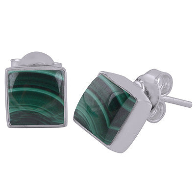 Gorgeous Plain Collet Malachite Square Shape 925 Sterling Solid Silver Stud Earrings - R6100130-12