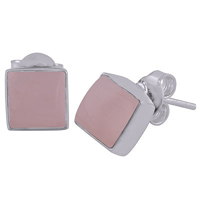 Gorgeous Plain Collet Rose Quartz Square Shape 925 Sterling Solid Silver Stud Earrings - R6100130-13
