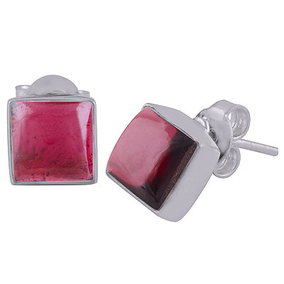 Gorgeous Plain Collet Garnet Square Shape 925 Sterling Solid Silver Stud Earrings - R6100130-2