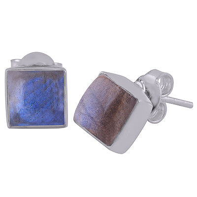 Gorgeous Plain Collet Labradorite Square Shape 925 Sterling Solid Silver Stud Earrings - R6100130-5