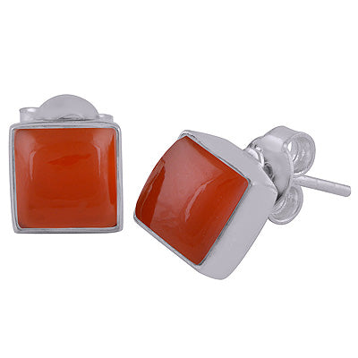 Gorgeous Plain Collet Carnelian Square Shape 925 Sterling Solid Silver Stud Earrings - R6100130-7