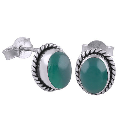 Beautiful Textured Handwork Around Green Onyx Oval Shape 925 Sterling Solid Silver Studs Earrings - R6100136-267
