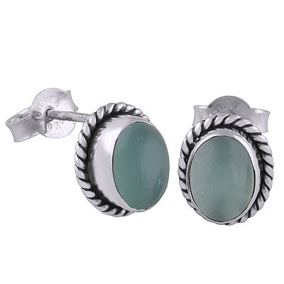 Beautiful Textured Handwork Around Aqua Chalcedony Oval Shape 925 Sterling Solid Silver Studs Earrings - R6100136-298