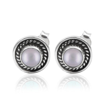 Alluring Twisted Wire Work Around Pearl Round Shape 925 Sterling Solid Silver Studs Earrings - R6100160-15