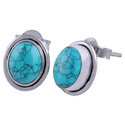 Stunning Minimal Turquoise Oval Shape 925 Sterling Solid Silver Stud Earrings - R6100204-47