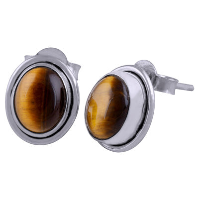 Stunning Minimal Tiger's Eye Oval Shape 925 Sterling Solid Silver Stud Earrings - R6100204-67