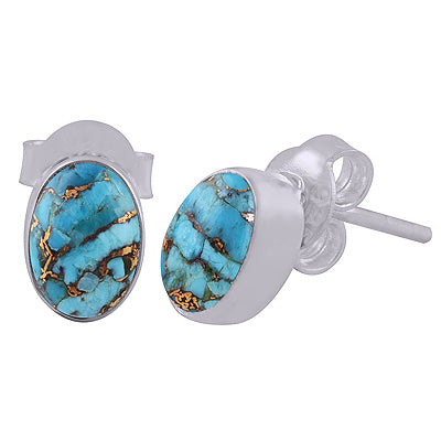 Beautiful Plain Collet Blue Copper Turquoise Oval Shape 925 Sterling Solid Silver Studs Earrings - R6100227-82