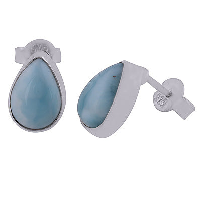 Classic Plain Collet Natural Larimar Pear Shape 925 Sterling Solid Silver Studs Earrings - R6100240-1