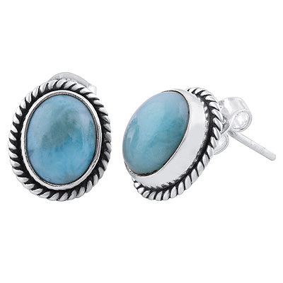 Authentic Wire Work Around Larimar Oval Shape 925 Sterling Solid Silver Studs Earrings - R6100290-2