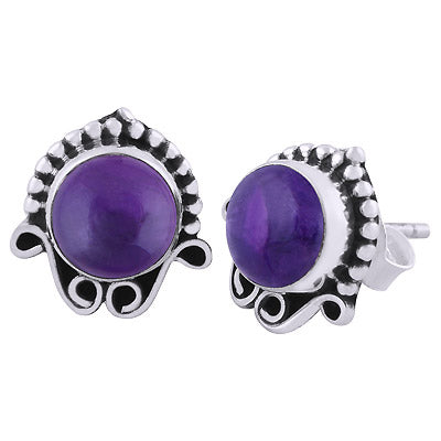 Gorgeous Oxidised Rawa Work Around Amethyst Round Shape 925 Sterling Solid Silver Studs Earrings - R6100378-1